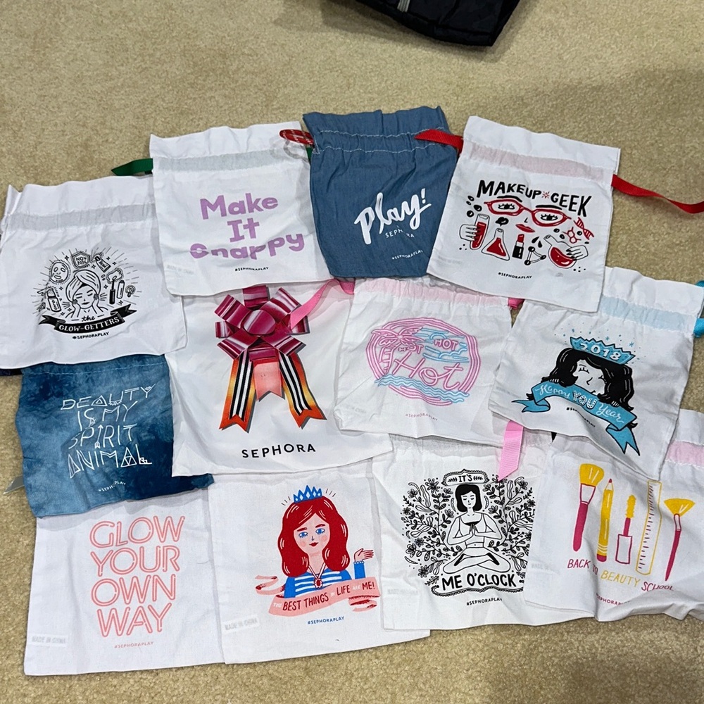 Assorted Sephora Play drawstring bags 12
